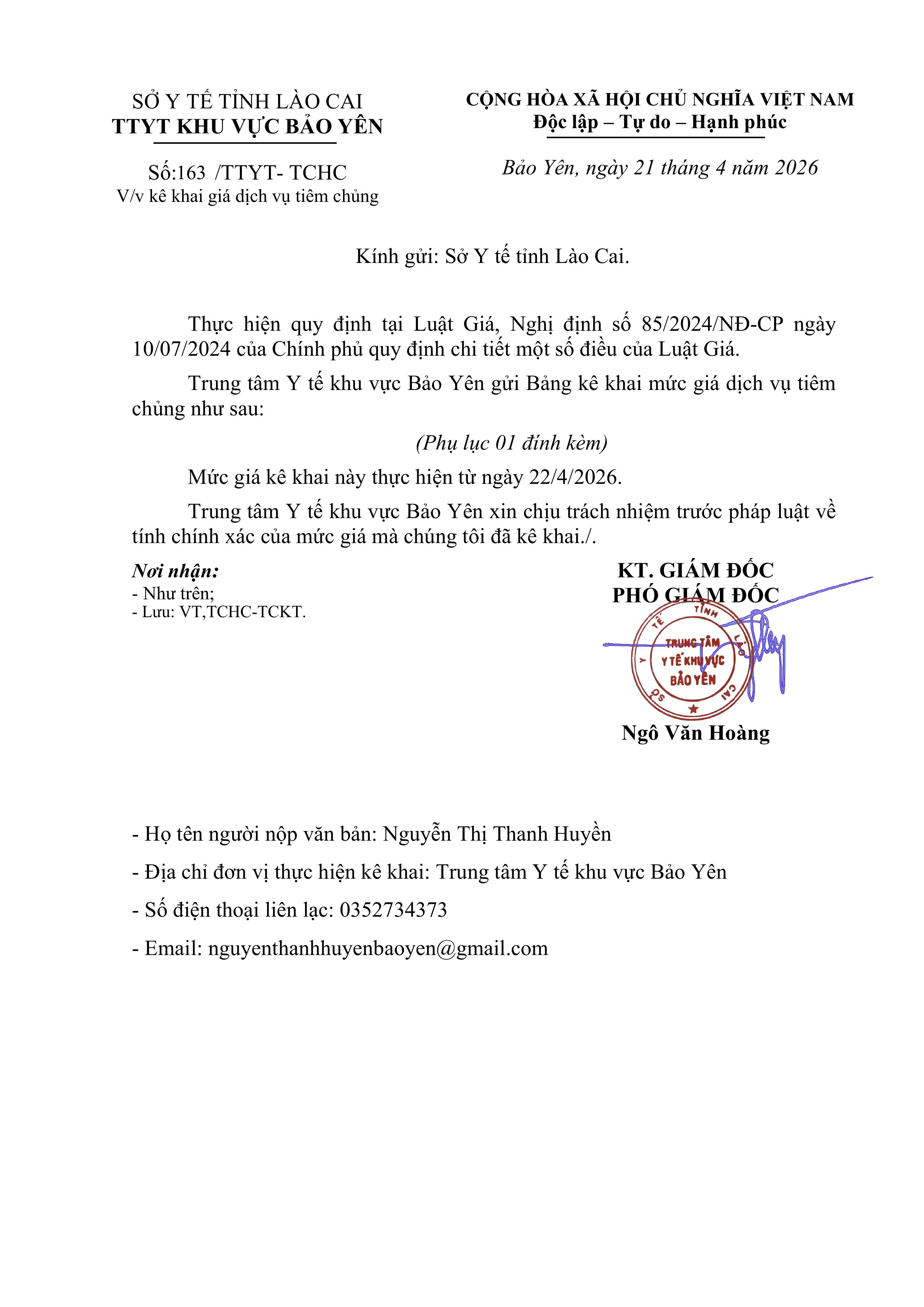 BẢNG TỔNG HỢP KÊ KHAI MỨC GIÁ DỊCH VỤ KHÁM TIÊM CHỦNG